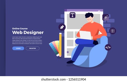 Illustration flat design concept web or application designer and programmer sitting working with computer on desk. Vector illustrate.