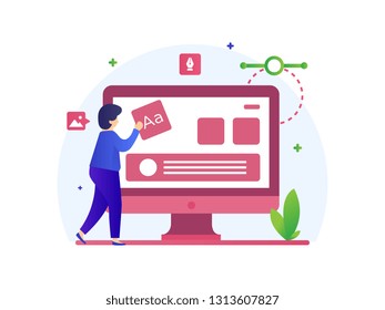 Illustration flat design concept web or application a man a designer working with computer making a website design