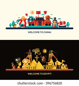 Illustration of flat design Egypt and China travel vector banners set with icons, infographics elements, landmarks and famous Egyptian and Chinese symbols