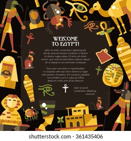 Illustration of flat design Egypt travel vector postcard with icons, infographics elements, landmarks and famous Egyptian symbols