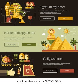 Illustration of flat design Egypt travel vector banners set with icons, infographics elements, landmarks and famous Egyptian symbols