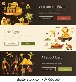 Illustration of flat design Egypt travel vector banners set with icons, infographics elements, landmarks and famous Egyptian symbols