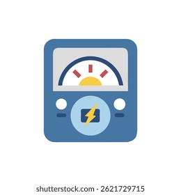 Ilustração de um medidor elétrico de design plano com elementos azuis, amarelos e vermelhos em um fundo branco.