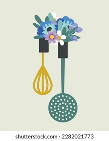 Illustration of Flat Design with Flowers Whisk and Mesh Skimmer