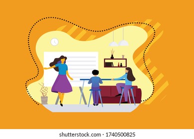 Illustration flat design, home school education and parents teaching kids at home.