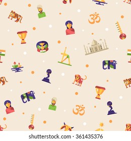 Illustration of flat design India travel vector pattern with icons, infographics elements, landmarks and famous Indian symbols