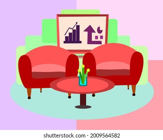 illustration of flat design interior design business equipped, sofa, table, and data analysis board, Sofa Chair Red Modern and red table with background concept, 
furniture flat design illustration