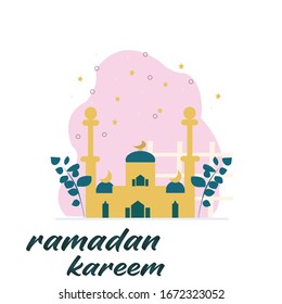 illustration of the flat design of the Islamic month of Ramadan Kareem and the mosque of silhouette dome with Arabic Eid patterns and calligraphy in Arabic greeting cards