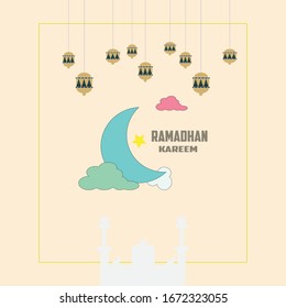 illustration of the flat design of the Islamic month of Ramadan Kareem and the mosque of silhouette dome with Arabic Eid patterns and calligraphy in Arabic greeting cards