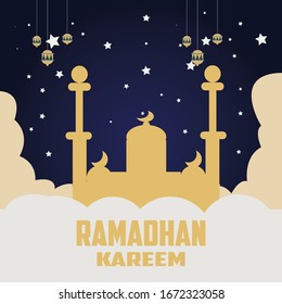 illustration of the flat design of the Islamic month of Ramadan Kareem and the mosque of silhouette dome with Arabic Eid patterns and calligraphy in Arabic greeting cards