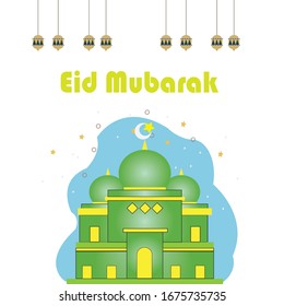 ilustración del diseño plano del mes islámico de Ramadán Kareem y la mezquita de cúpula de silueta con estampados árabes de Eid y caligrafía en tarjetas de felicitación árabes