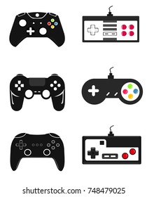 Illustration Flat Design Modern and Retro vintage Game pad Controllers with Wired and Wireless in Black colors Vector