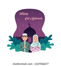 Illustration Flat Design of Muslim Couple, Happy Eid Mubarak - Islamic Background Vector Illustration Design.