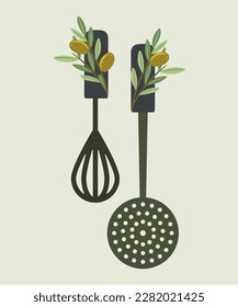 Illustration of Flat Design with Olive Whisk and Mesh Skimmer