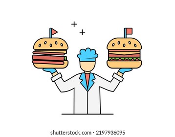 Illustration of flat design outline chef working with pizza and burgers