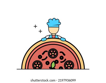 Illustration of flat design outline chef working with pizza and burgers