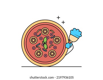 Illustration of flat design outline chef working with pizza and burgers