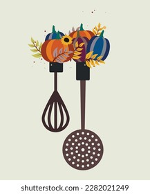 Illustration of Flat Design with Pumpkins ,Sunflowers Whisk and Mesh Skimmer