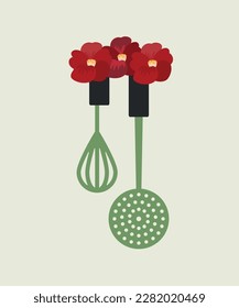  Illustration of Flat Design with Red Flowers Whisk and Mesh Skimmer