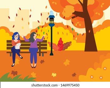 illustration flat design relaxing the park on beautiful autumn day with friend
