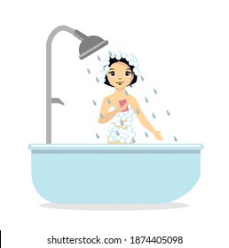 illustration in flat design style with child taking a shower.
