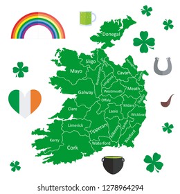 Illustration in flat design style with detailed map of Ireland