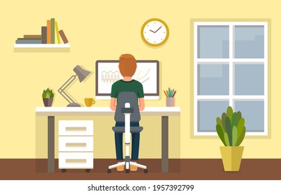 Illustration in flat design style of the man sitting at the desk and working on computer in the office with flowers and window