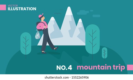 Illustration in a flat design style. Young man on a trip in the mountains collects garbage caring for the environment