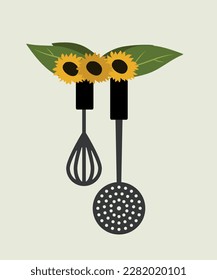  Illustration of Flat Design with Sunflowers Whisk and Mesh Skimmer