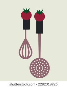  Illustration of Flat Design with Tomato Whisk and Mesh Skimmer