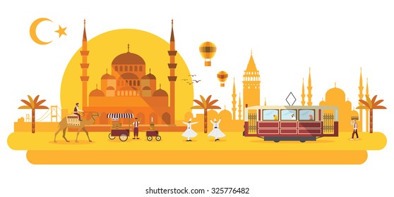 Illustration of flat design with Turkey landmarks and icons