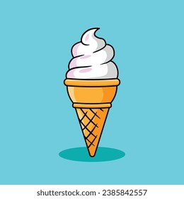 Illustration flat design vector cartoon vanilla ice cream cone isolated on blue background ; sweet taste dessert