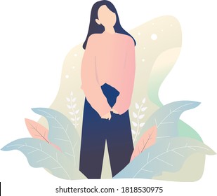 Illustration flat design vector of young womang doing a standing pose. Great for illustration card, business, landing page etc