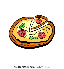 Illustration of flat doodle pizza isolated on white background