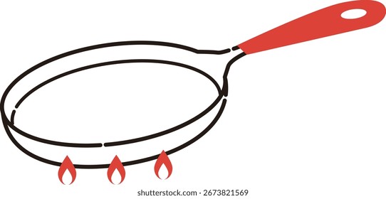 Ilustración de una sartén plana en una llama de la estufa de gas