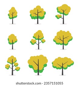 Illustration flat green trees set. Nature forest, plant, leaf, leaves in flat style design, isolated on white background. Vector icon