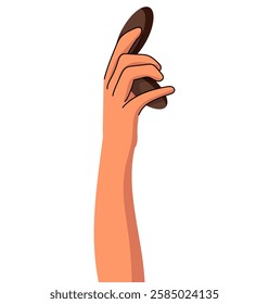 Illustration of flat hand holding beauty products for make up. Lipstick, lip gloss, eyeliner, brush. Flat graphic vector illustration isolated on white background.