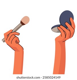 Illustration of flat hand holding beauty products for make up. Lipstick, lip gloss, eyeliner, brush. Flat graphic vector illustration isolated on white background.