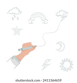 Illustration of a flat hand with a pencil that draws simple children's drawings of celestial bodies: star, rainbow, clouds, lightning, sun, moon.