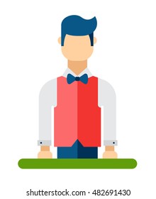 Illustration of Flat icon. Icon of croupier. A graphic element on casino subject. Icon or sign isolated on white background. Illustration of croupier in flat style.