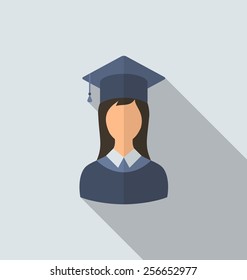 Icono plano de ilustración de mujer graduada en sombrero, estilo mínimo con sombra larga - vector