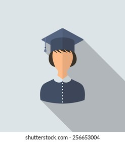 Illustration flat icon of female graduate in graduation hat, simple style with long shadow - vector