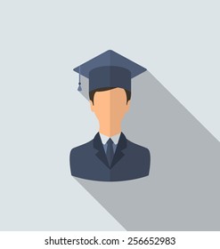 Illustration flat icon of male graduate in graduation hat, minimal style with long shadow - vector