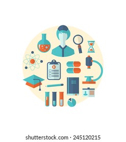 Illustration flat icon of objects chemical and medical research - vector