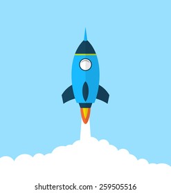 Illustration flat icon of rocket with long shadow style, startup concept - vector
