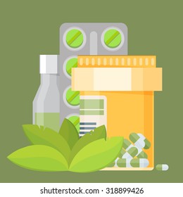 Illustration Flat Icon of Tablets and Leaves, Alternative Medicine - Vector
