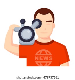 Illustration Of Flat Icon. Icon Of Videographer. A Graphic Element On The Subject Of News. Icon Or Sign Isolated On White Background. Illustration Of Videographer On Flat Style.