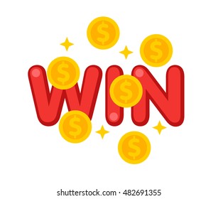 Illustration of Flat icon. Icon of win lettering. A graphic element on casino subject. Icon or sign isolated on white background. Illustration of win lettering with coins in flat style.
