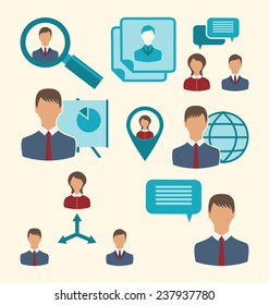 Illustration Flat Icons Of Business People Showing Presentation Online Meetings Discussion Teamwork Analysis And Graphs - Vector