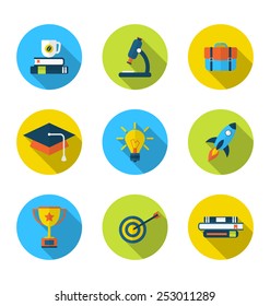 Illustration flat icons of elements and objects for high school and college education with teaching and learning, long shadow style design - vector
